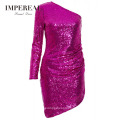 Korean Style Magenta Color Sequin Asymmetrical Women Sexy Bodycon Lady Cocktail Dress